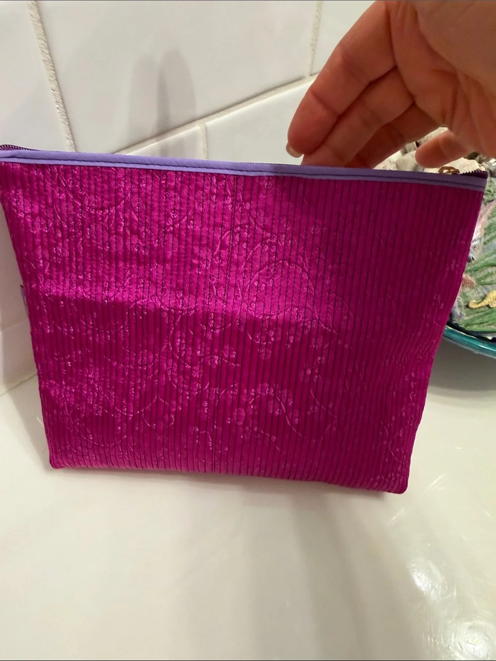 Vibrant Magenta Quilted Two-Zip Cosmetic Pouch with Color-Block Trim